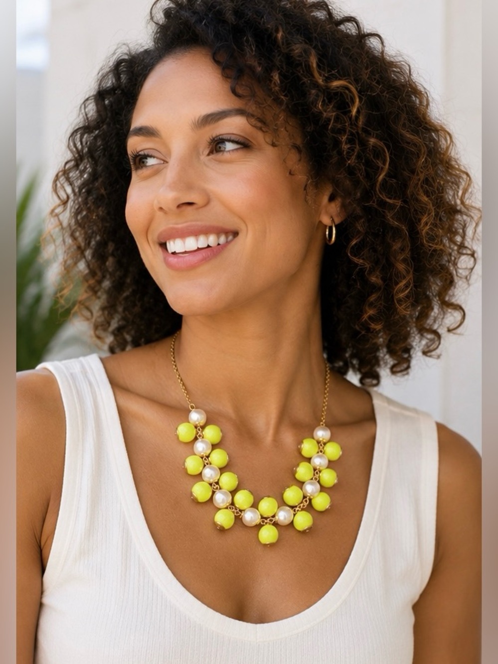 J. Crew Neon Yellow Faux Pearl Statement Necklace Gold Tone Bib Necklace